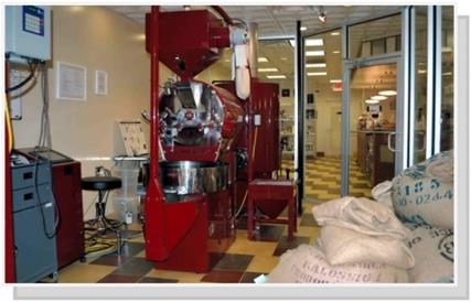 The Coffee Roaster at Beanetics is itself, a work of mechanical art.  Everyday, fresh coffee beans are roasted and then ground for use and sale.